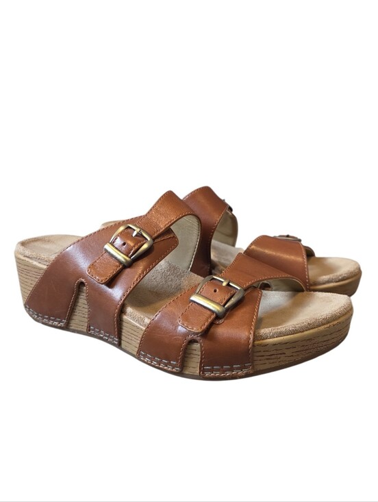 Dansko Shoes - Dansko Leeann Cognac Leather Wedge Slide Sandals Buckles 39 8.5-9